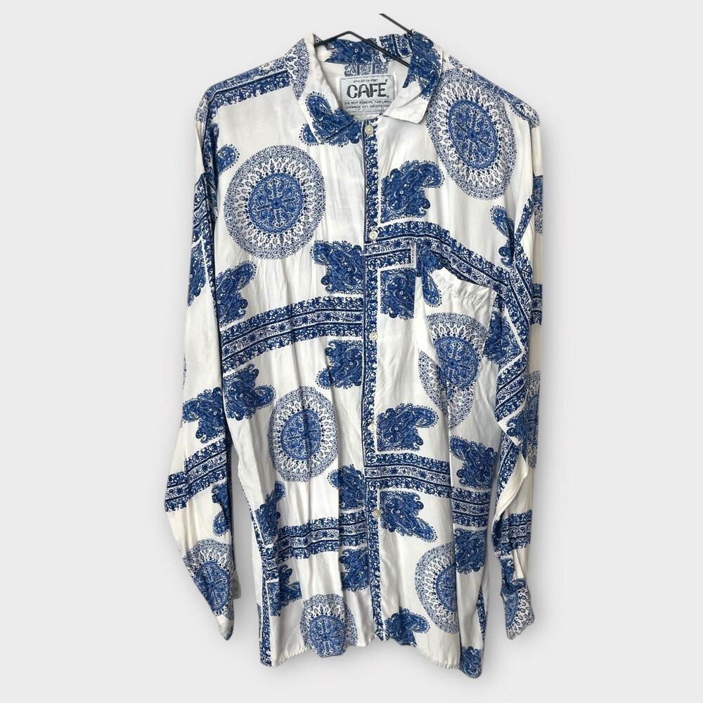 CAFE Blue White Paisley Print Button Down Shirt Preloved Long Sleeve Boho Style